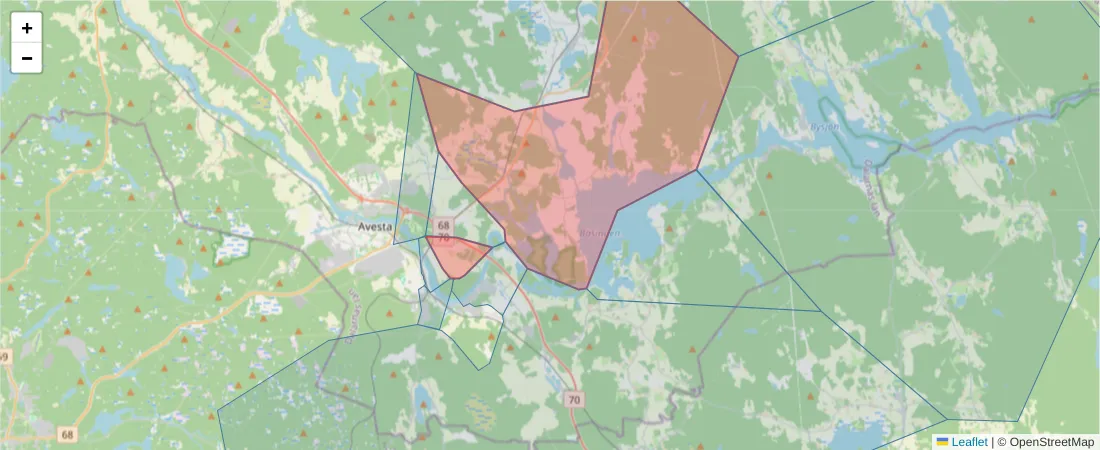 Karta över postnummerområdet  och angränsande postnummer i Sverige