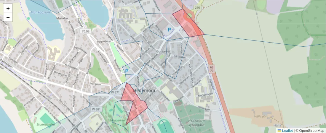 Karta över postnummerområdet  och angränsande postnummer i Sverige