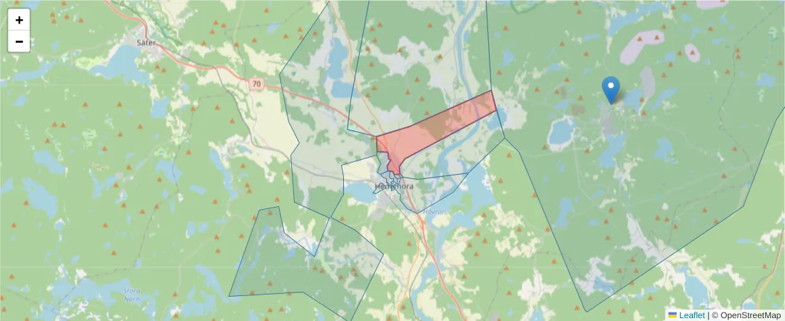 Karta över postnummerområdet  och angränsande postnummer i Sverige