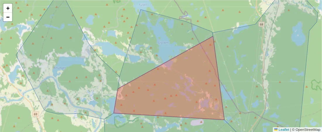 Karta över postnummerområdet  och angränsande postnummer i Sverige