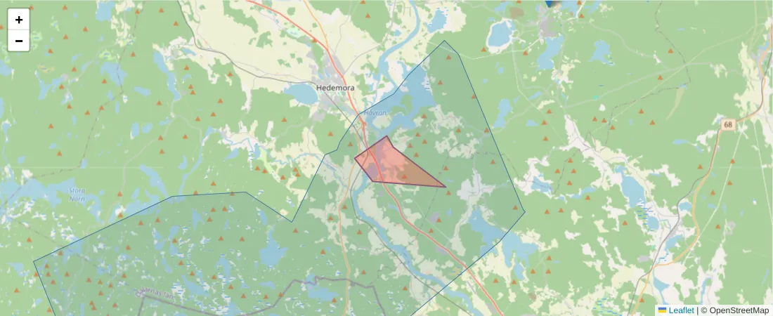 Karta över postnummerområdet  och angränsande postnummer i Sverige