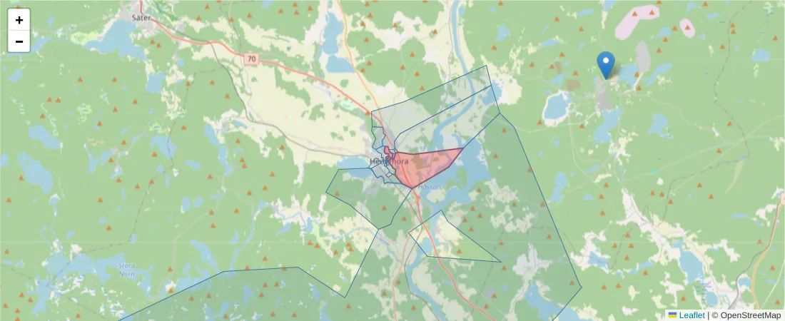 Karta över postnummerområdet  och angränsande postnummer i Sverige