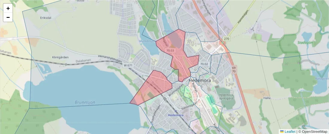 Karta över postnummerområdet  och angränsande postnummer i Sverige