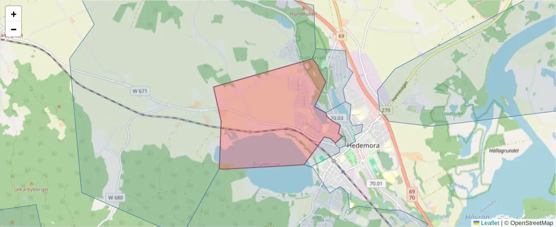 Karta över postnummerområdet  och angränsande postnummer i Sverige