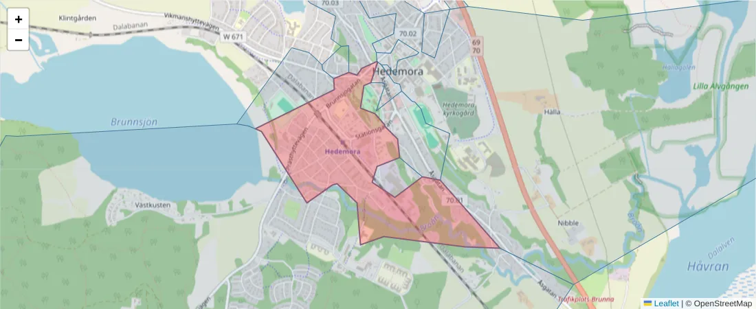 Karta över postnummerområdet  och angränsande postnummer i Sverige