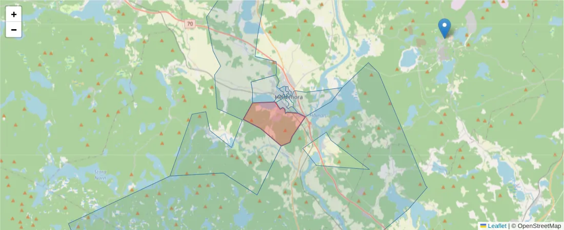 Karta över postnummerområdet  och angränsande postnummer i Sverige