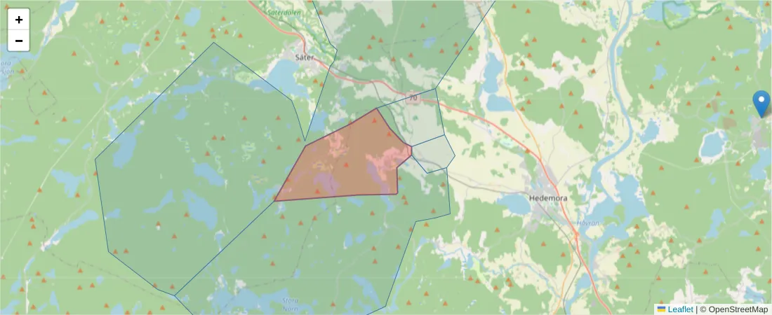 Karta över postnummerområdet  och angränsande postnummer i Sverige