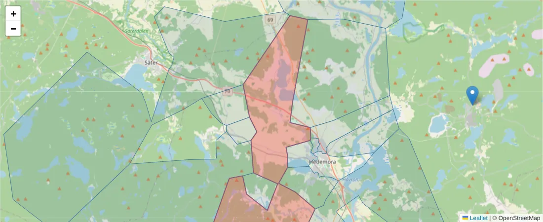 Karta över postnummerområdet  och angränsande postnummer i Sverige