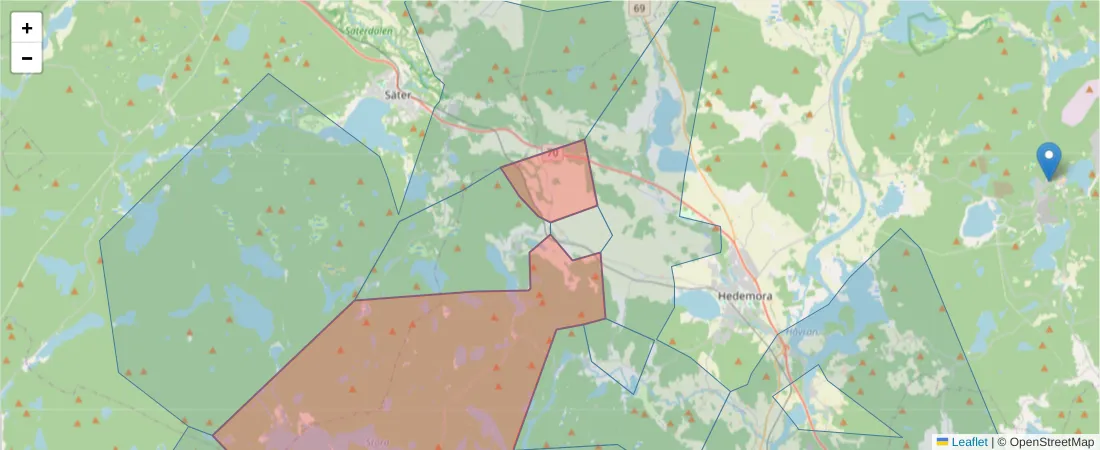 Karta över postnummerområdet  och angränsande postnummer i Sverige