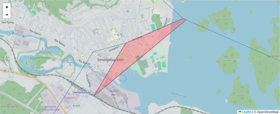 Karta över postnummerområdet  och angränsande postnummer i Sverige