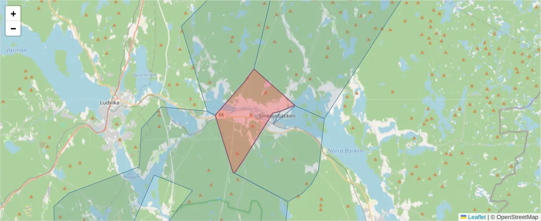 Karta över postnummerområdet  och angränsande postnummer i Sverige