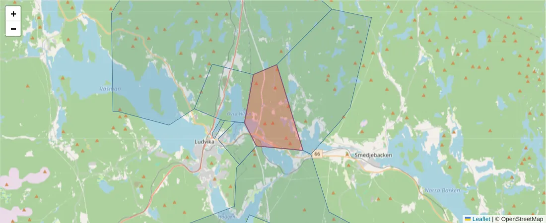 Karta över postnummerområdet  och angränsande postnummer i Sverige