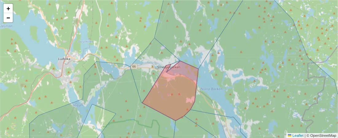 Karta över postnummerområdet  och angränsande postnummer i Sverige