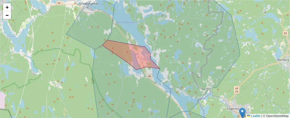 Karta över postnummerområdet  och angränsande postnummer i Sverige