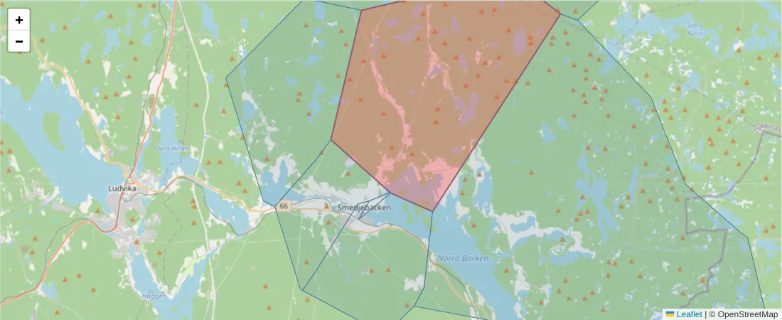 Karta över postnummerområdet  och angränsande postnummer i Sverige