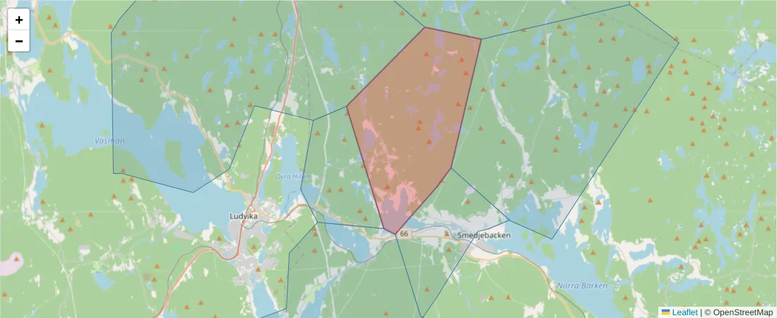 Karta över postnummerområdet  och angränsande postnummer i Sverige