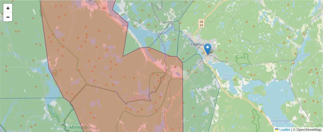 Karta över postnummerområdet  och angränsande postnummer i Sverige