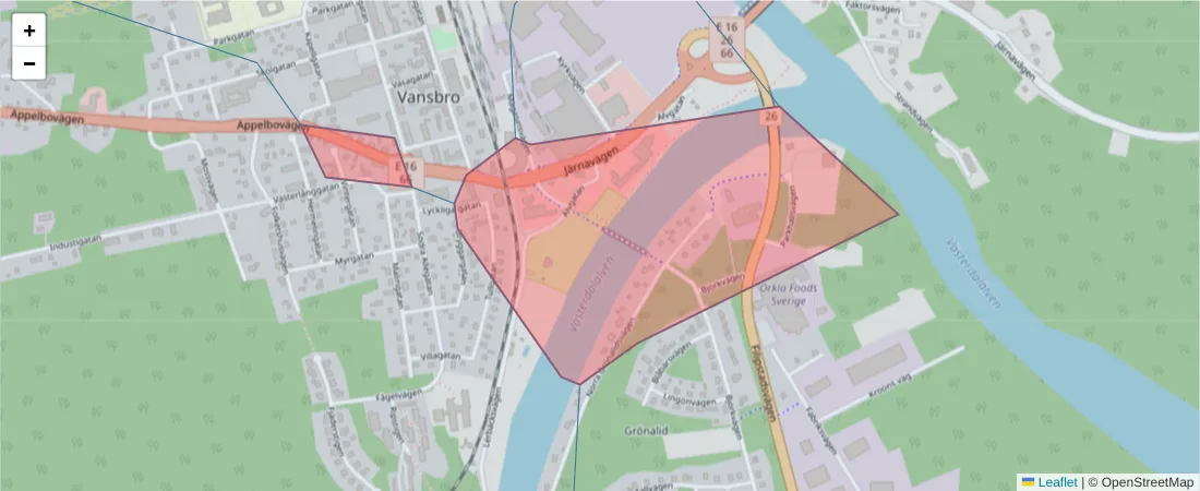 Karta över postnummerområdet  och angränsande postnummer i Sverige
