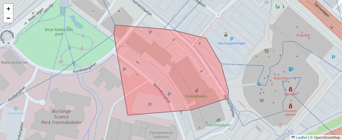 Karta över postnummerområdet  och angränsande postnummer i Sverige