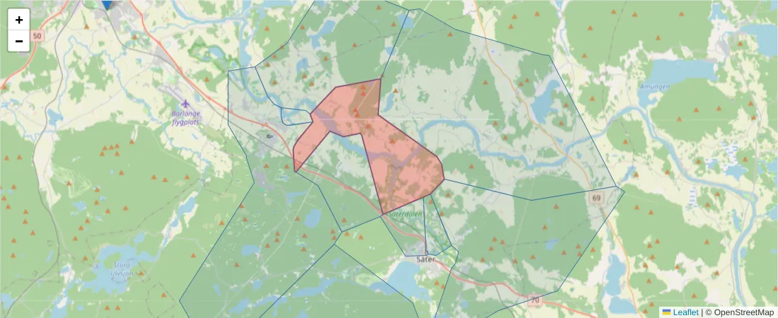 Karta över postnummerområdet  och angränsande postnummer i Sverige