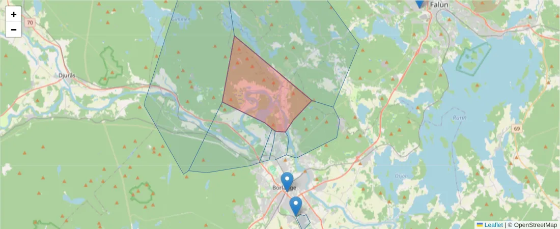 Karta över postnummerområdet  och angränsande postnummer i Sverige