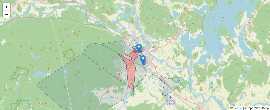 Karta över postnummerområdet  och angränsande postnummer i Sverige