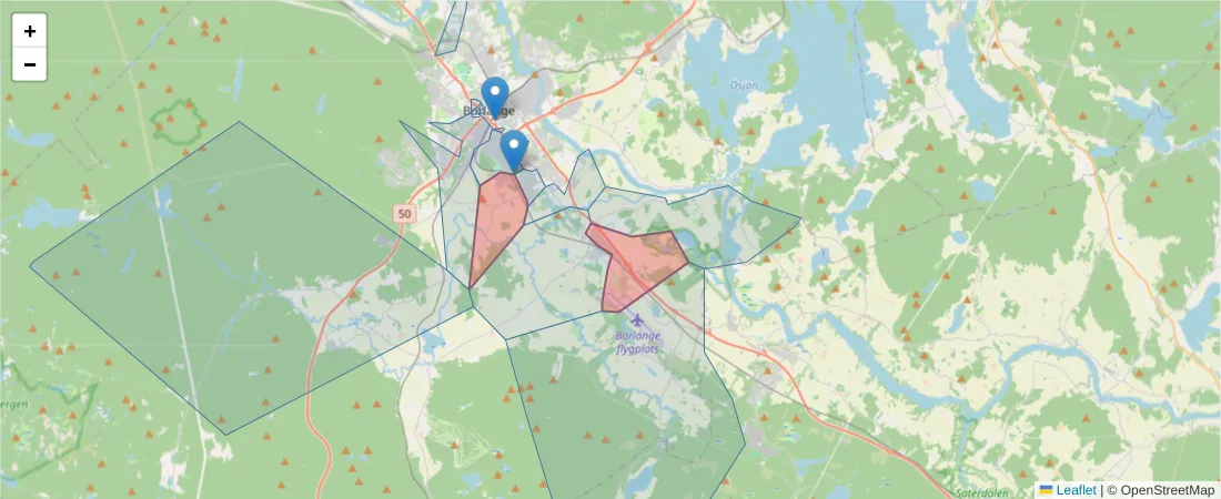 Karta över postnummerområdet  och angränsande postnummer i Sverige