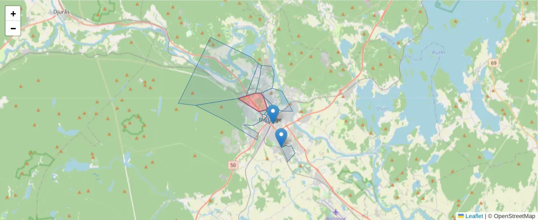 Karta över postnummerområdet  och angränsande postnummer i Sverige