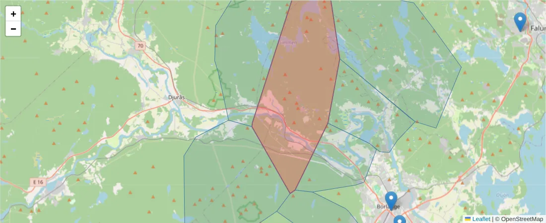 Karta över postnummerområdet  och angränsande postnummer i Sverige