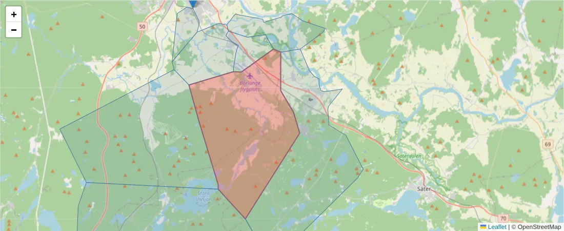 Karta över postnummerområdet  och angränsande postnummer i Sverige