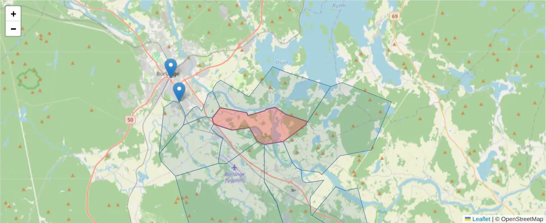 Karta över postnummerområdet  och angränsande postnummer i Sverige