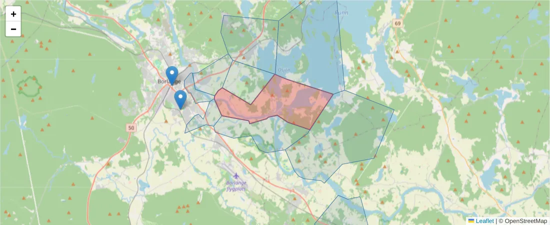 Karta över postnummerområdet  och angränsande postnummer i Sverige