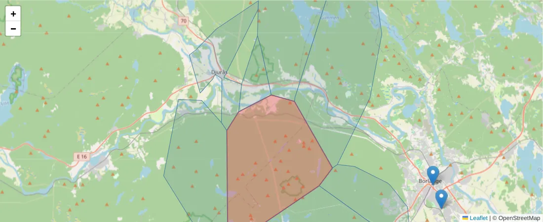 Karta över postnummerområdet  och angränsande postnummer i Sverige