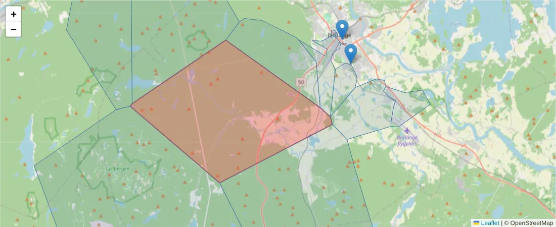 Karta över postnummerområdet  och angränsande postnummer i Sverige