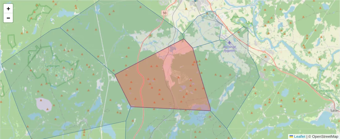 Karta över postnummerområdet  och angränsande postnummer i Sverige