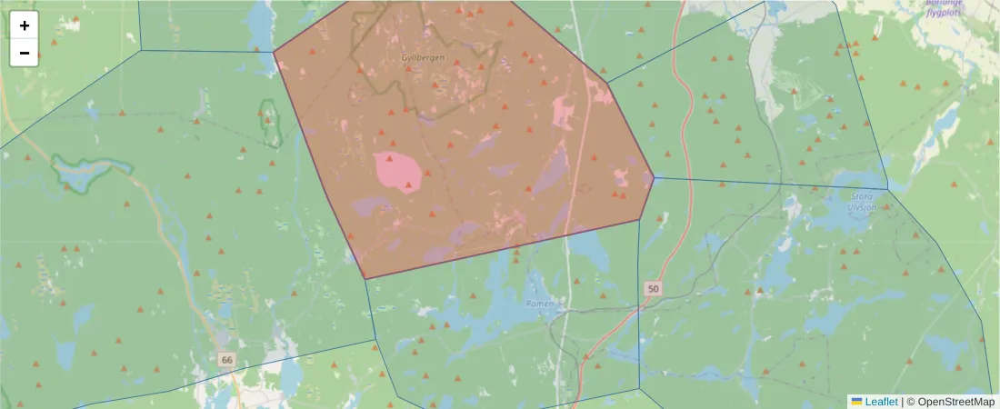 Karta över postnummerområdet  och angränsande postnummer i Sverige