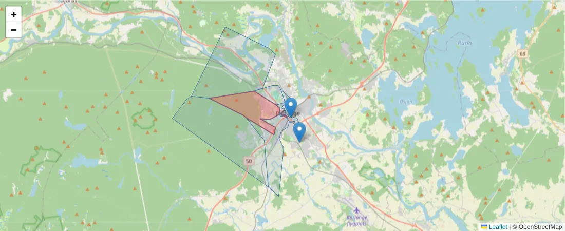 Karta över postnummerområdet  och angränsande postnummer i Sverige