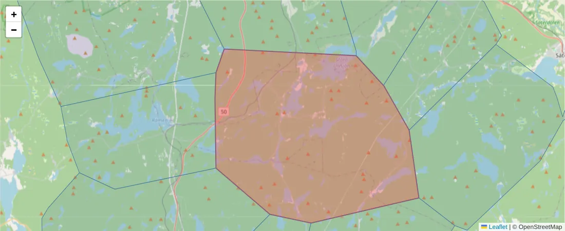 Karta över postnummerområdet  och angränsande postnummer i Sverige