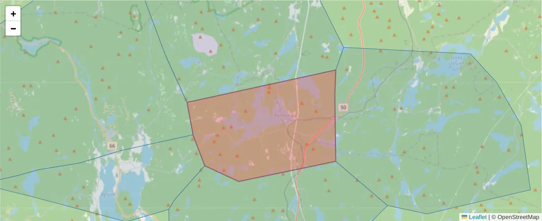 Karta över postnummerområdet  och angränsande postnummer i Sverige