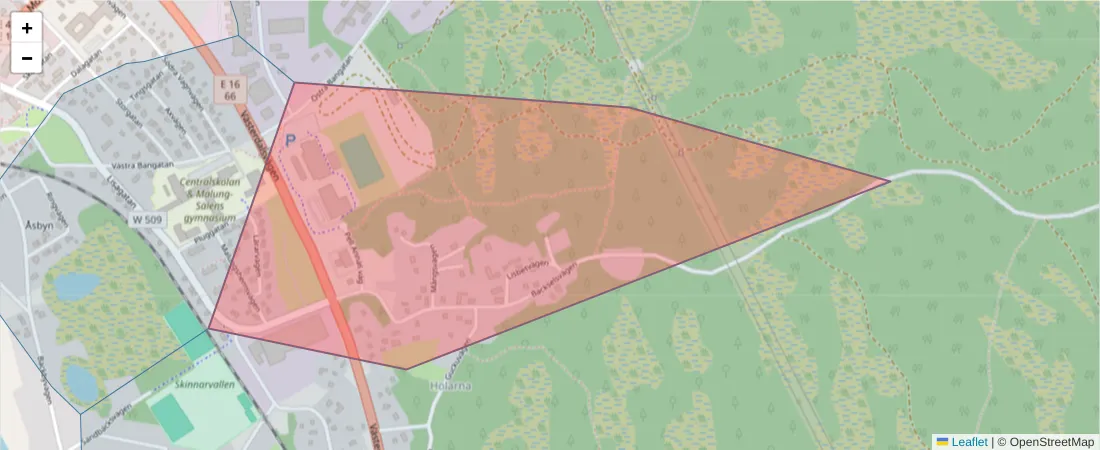 Karta över postnummerområdet  och angränsande postnummer i Sverige