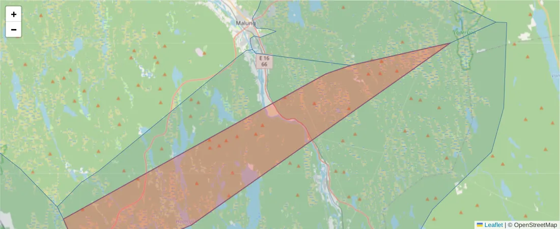 Karta över postnummerområdet  och angränsande postnummer i Sverige