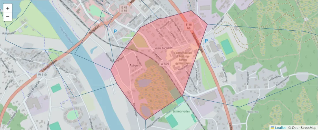 Karta över postnummerområdet  och angränsande postnummer i Sverige