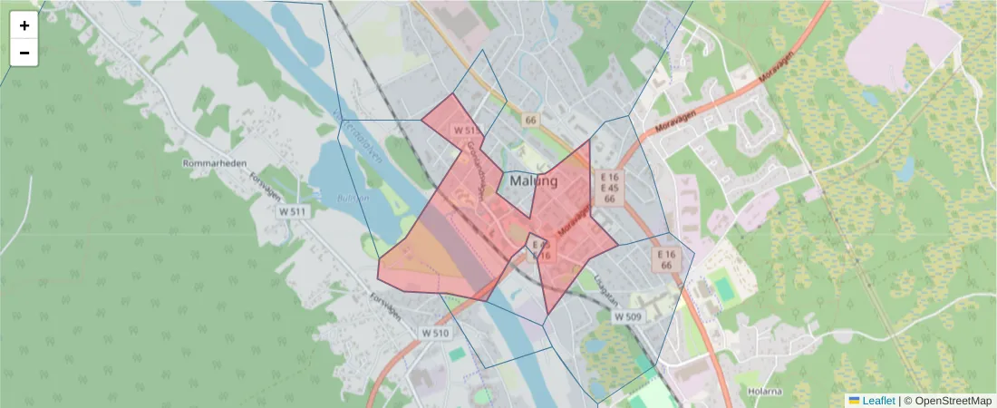Karta över postnummerområdet  och angränsande postnummer i Sverige