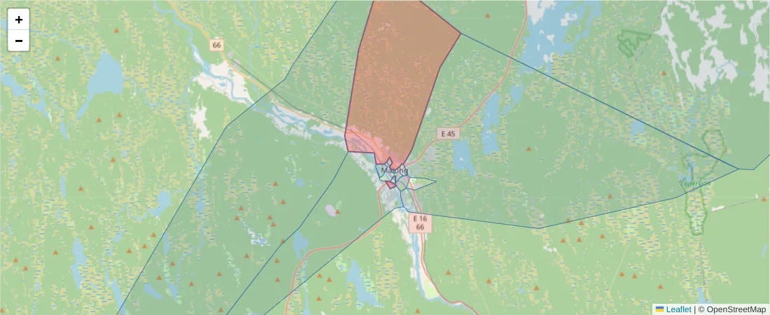 Karta över postnummerområdet  och angränsande postnummer i Sverige