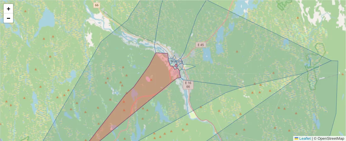 Karta över postnummerområdet  och angränsande postnummer i Sverige