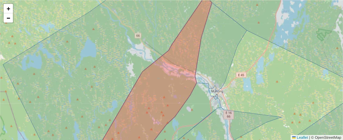 Karta över postnummerområdet  och angränsande postnummer i Sverige