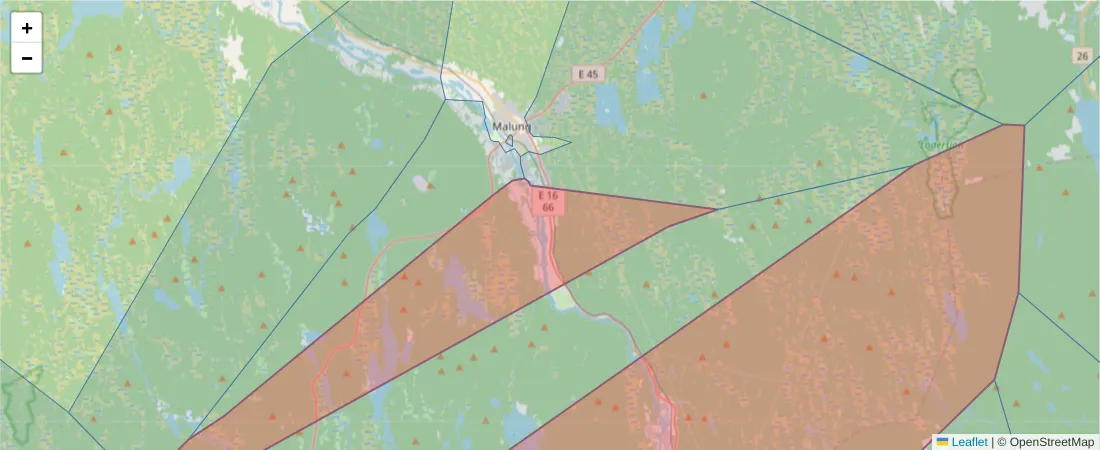 Karta över postnummerområdet  och angränsande postnummer i Sverige