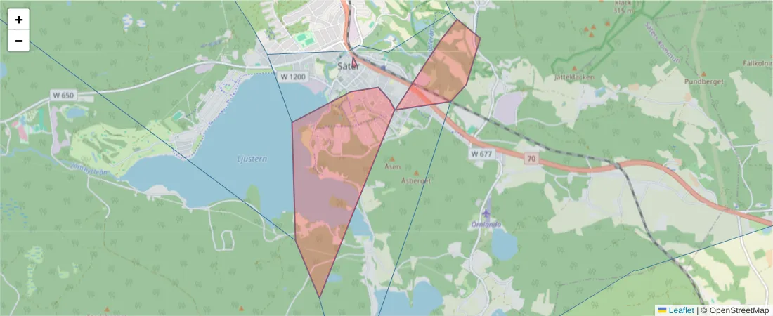 Karta över postnummerområdet  och angränsande postnummer i Sverige