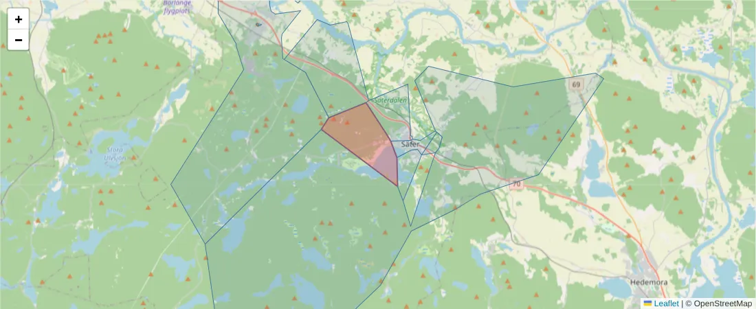 Karta över postnummerområdet  och angränsande postnummer i Sverige