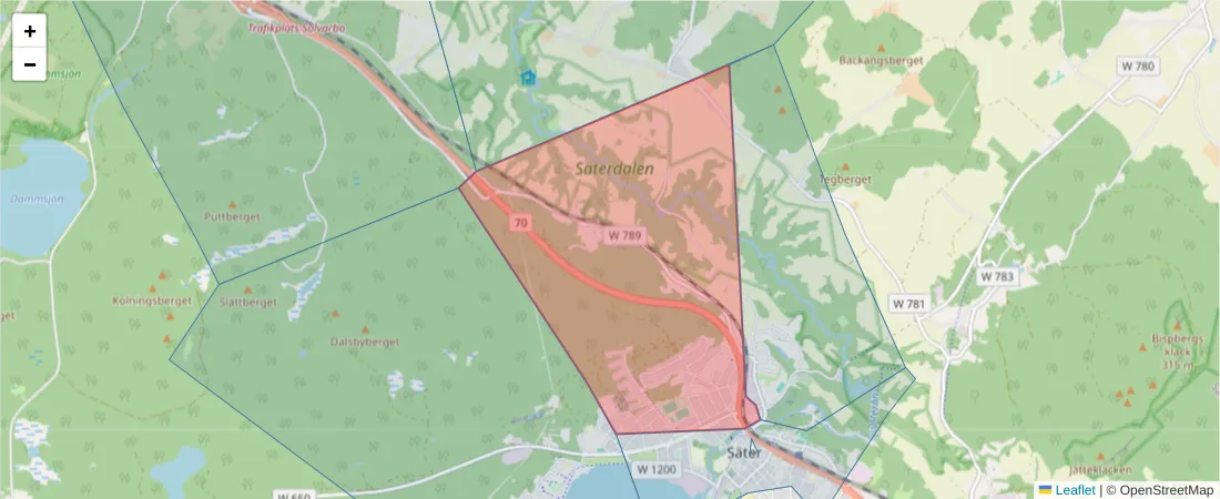 Karta över postnummerområdet  och angränsande postnummer i Sverige